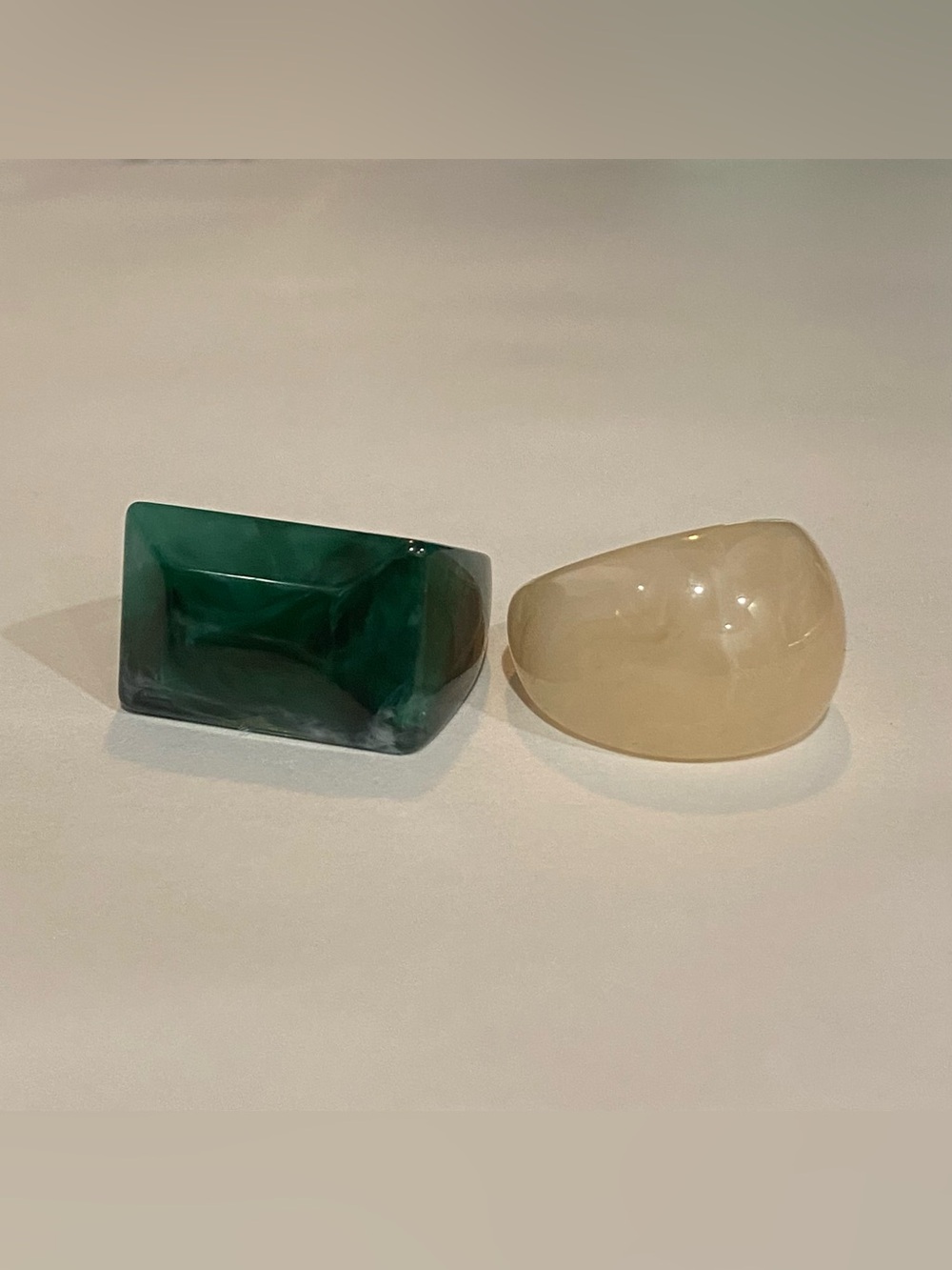 Emerald Rectangle Resin Ring & Cream Dome Resin Ring Set